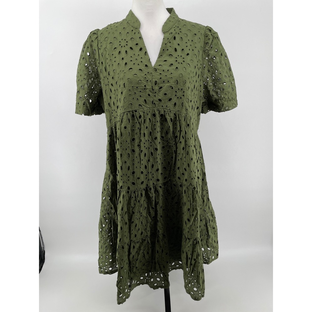 Babydoll Tiered Mini Dress Womens‎ Large Green Cottage Garden Party Romantic NEW